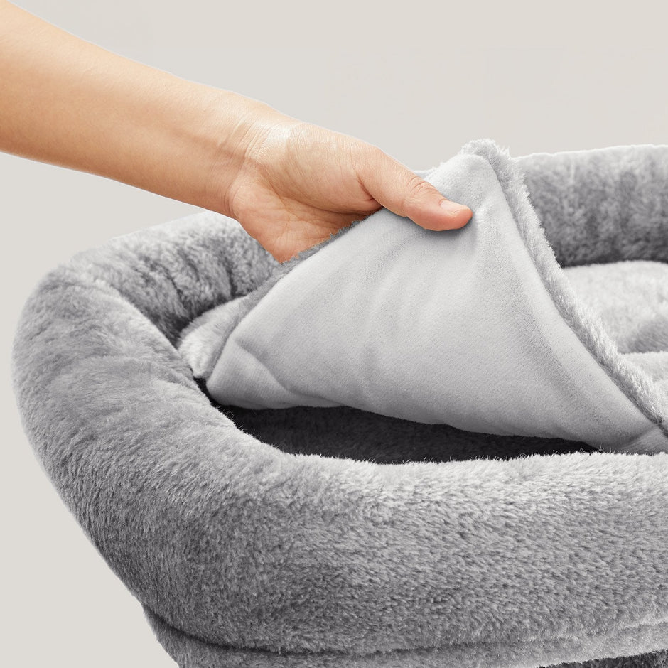 Cat Tree – Wood – Light Grey – Large Perch with Two Cat Caves and Scratching Post