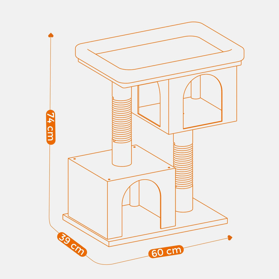 Cat Tree – Wood – Light Grey – Large Perch with Two Cat Caves and Scratching Post
