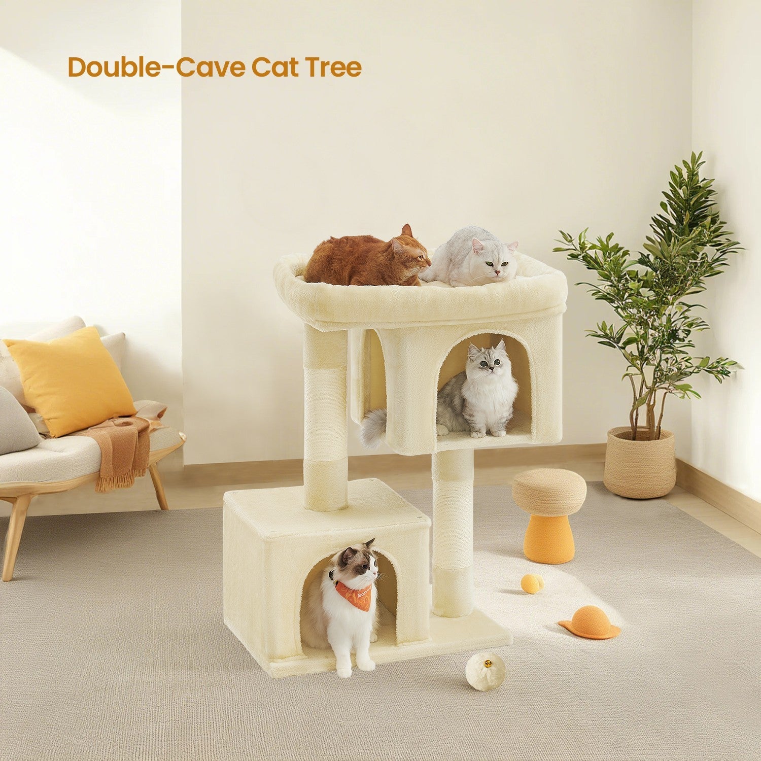 Cat Tree – Engineered Wood – Light Grey – Includes Large Perch and Plush Condos