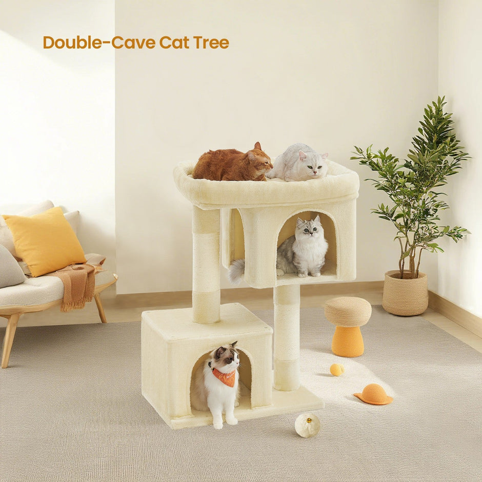 Cat Tree – Engineered Wood – Light Grey – Includes Large Perch and Plush Condos