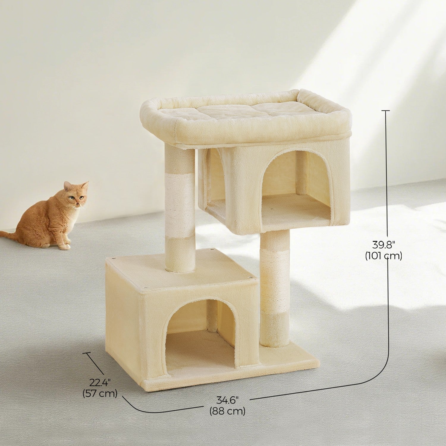 Cat Tree – Engineered Wood – Light Grey – Includes Large Perch and Plush Condos