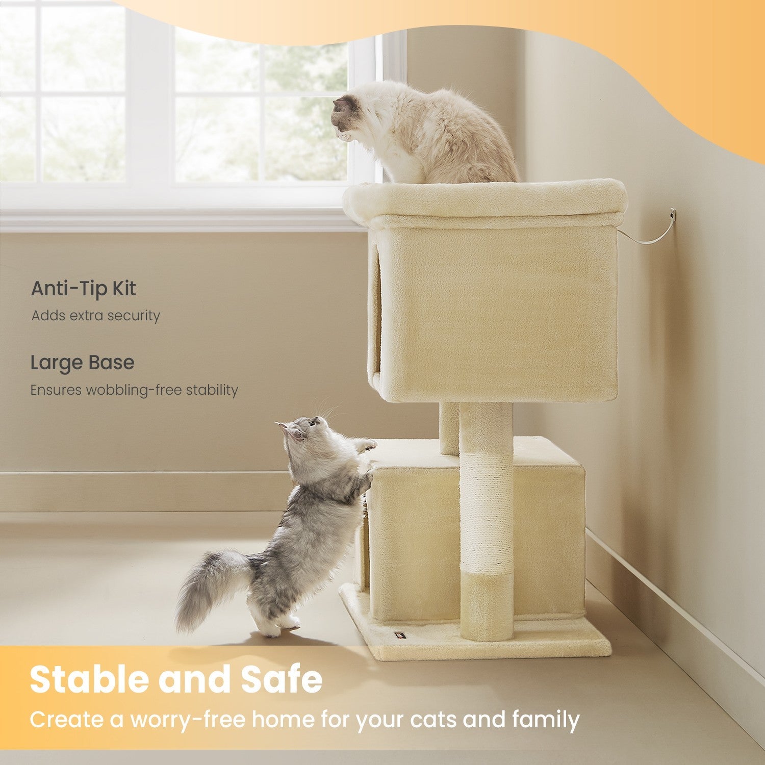 Cat Tree – Engineered Wood – Light Grey – Includes Large Perch and Plush Condos