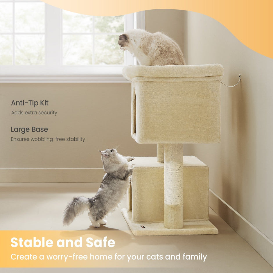 Cat Tree – Engineered Wood – Light Grey – Includes Large Perch and Plush Condos