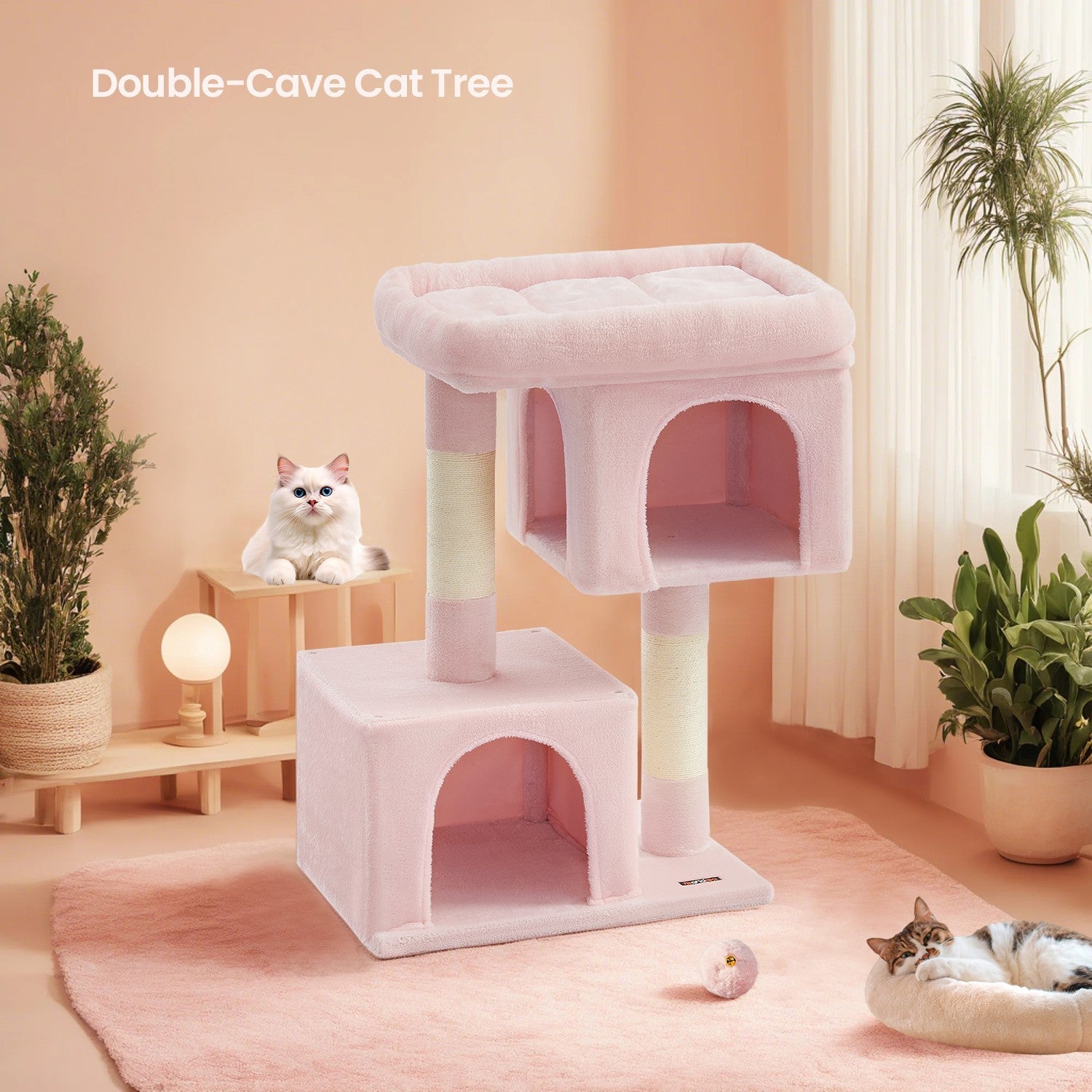 Cat Tree – Engineered Wood – Light Grey – Includes Large Perch and Plush Condos