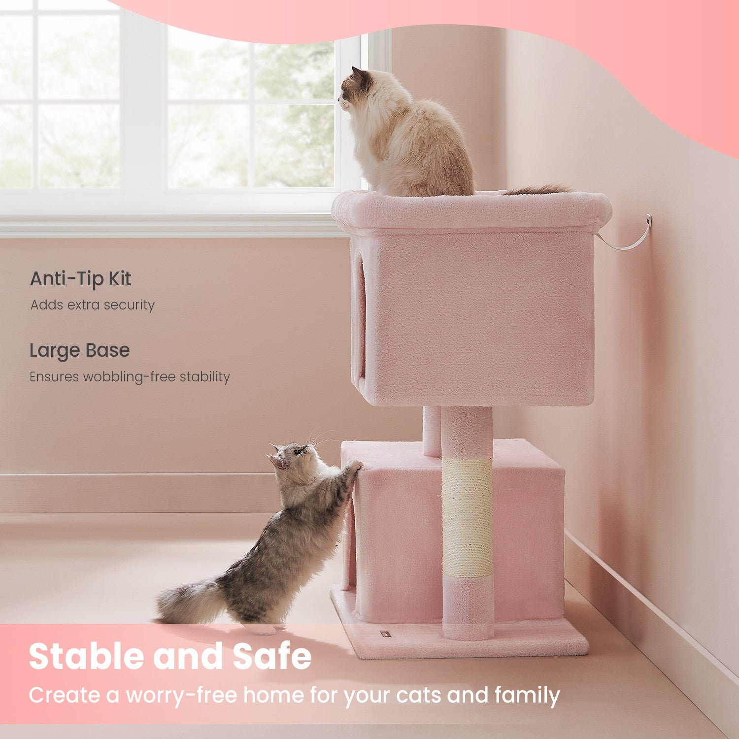 Cat Tree – Engineered Wood – Light Grey – Includes Large Perch and Plush Condos