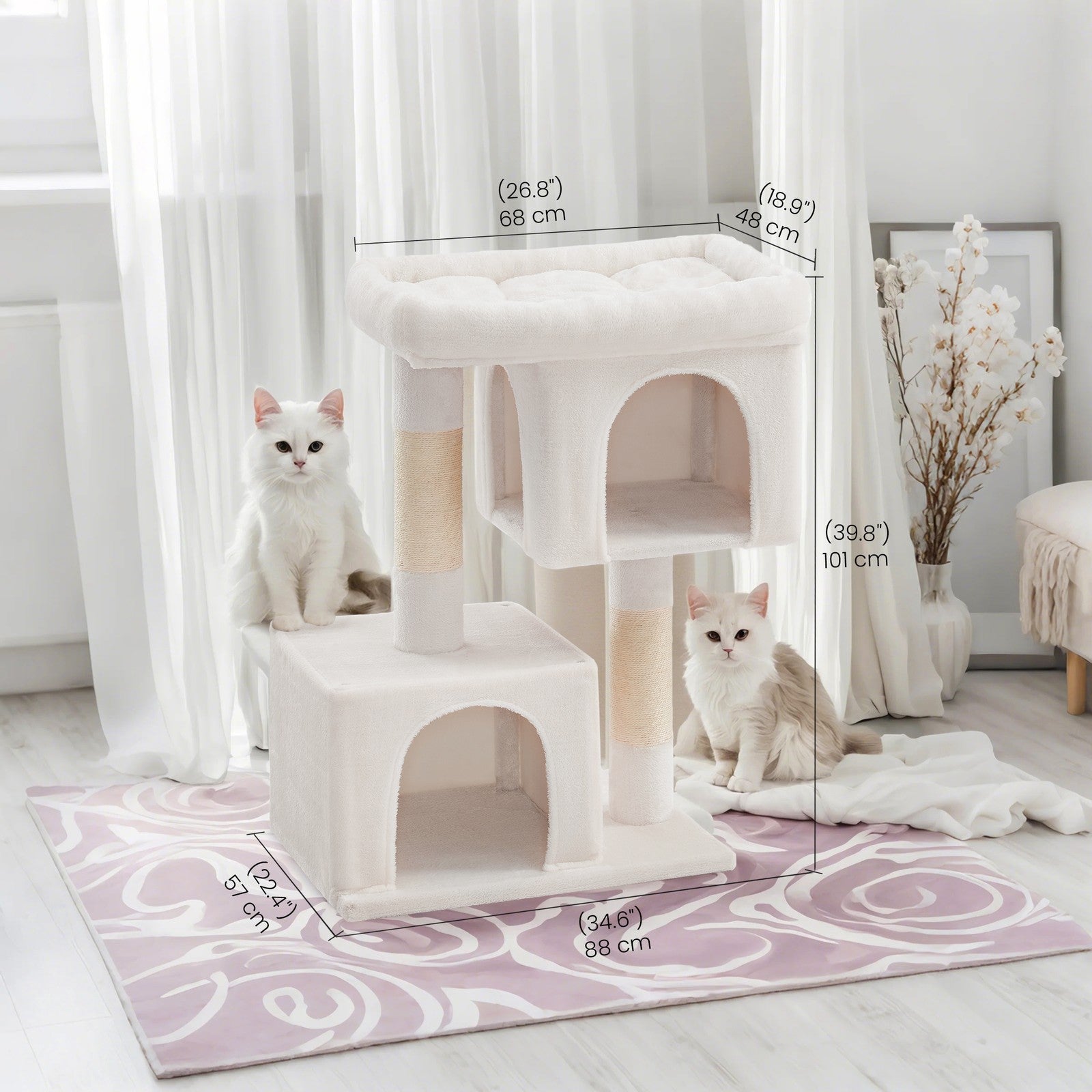 Cat Tree – Engineered Wood – Light Grey – Includes Large Perch and Plush Condos