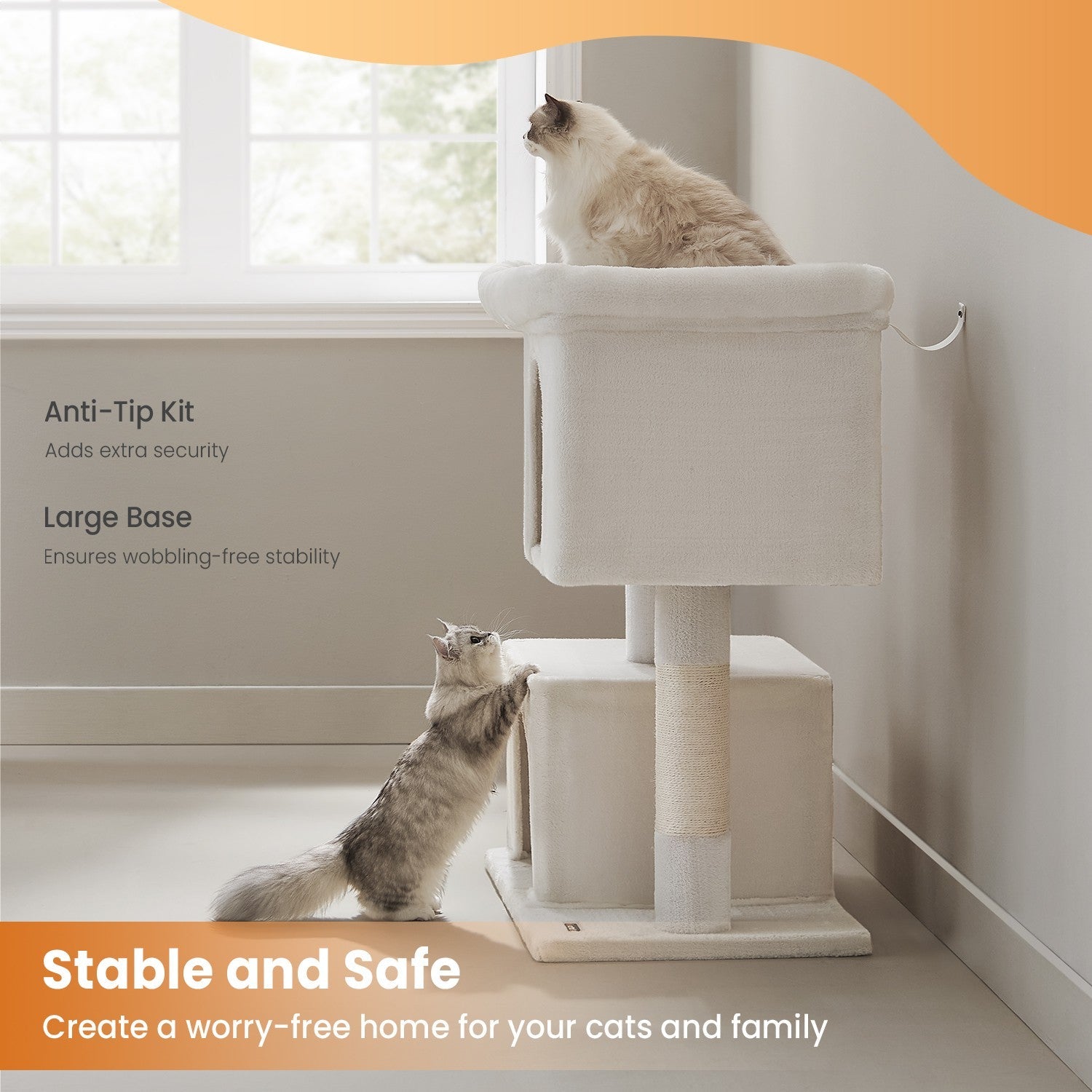 Cat Tree – Engineered Wood – Light Grey – Includes Large Perch and Plush Condos