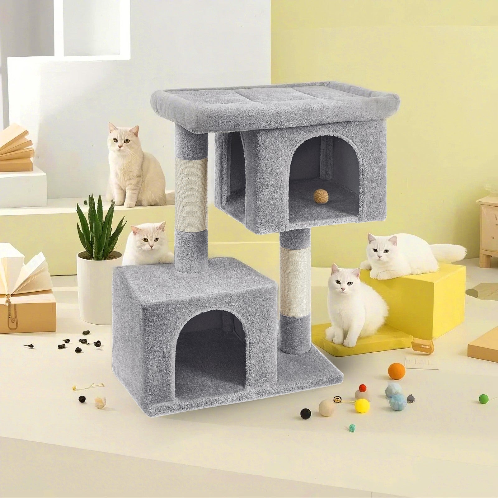Cat Tree – Engineered Wood – Light Grey – Includes Large Perch and Plush Condos