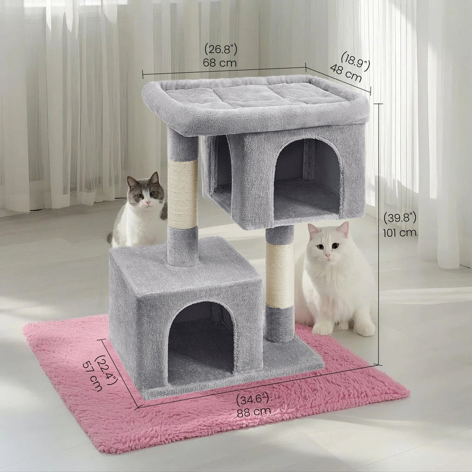 Cat Tree – Engineered Wood – Light Grey – Includes Large Perch and Plush Condos