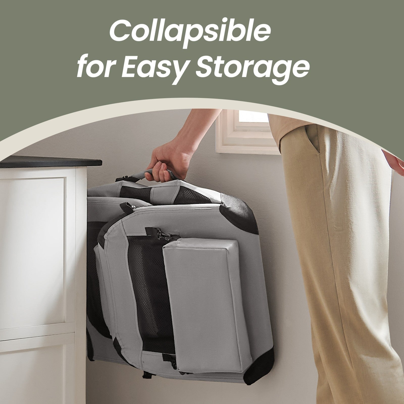 Collapsible Dog Crate – Soft Fabric – Grey – Portable with Breathable Mesh and Storage Pockets