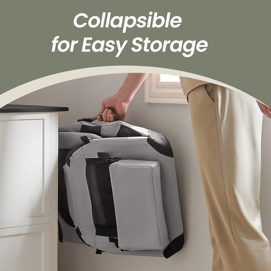 Collapsible Dog Crate – Soft Fabric – Grey – Portable with Breathable Mesh and Storage Pockets