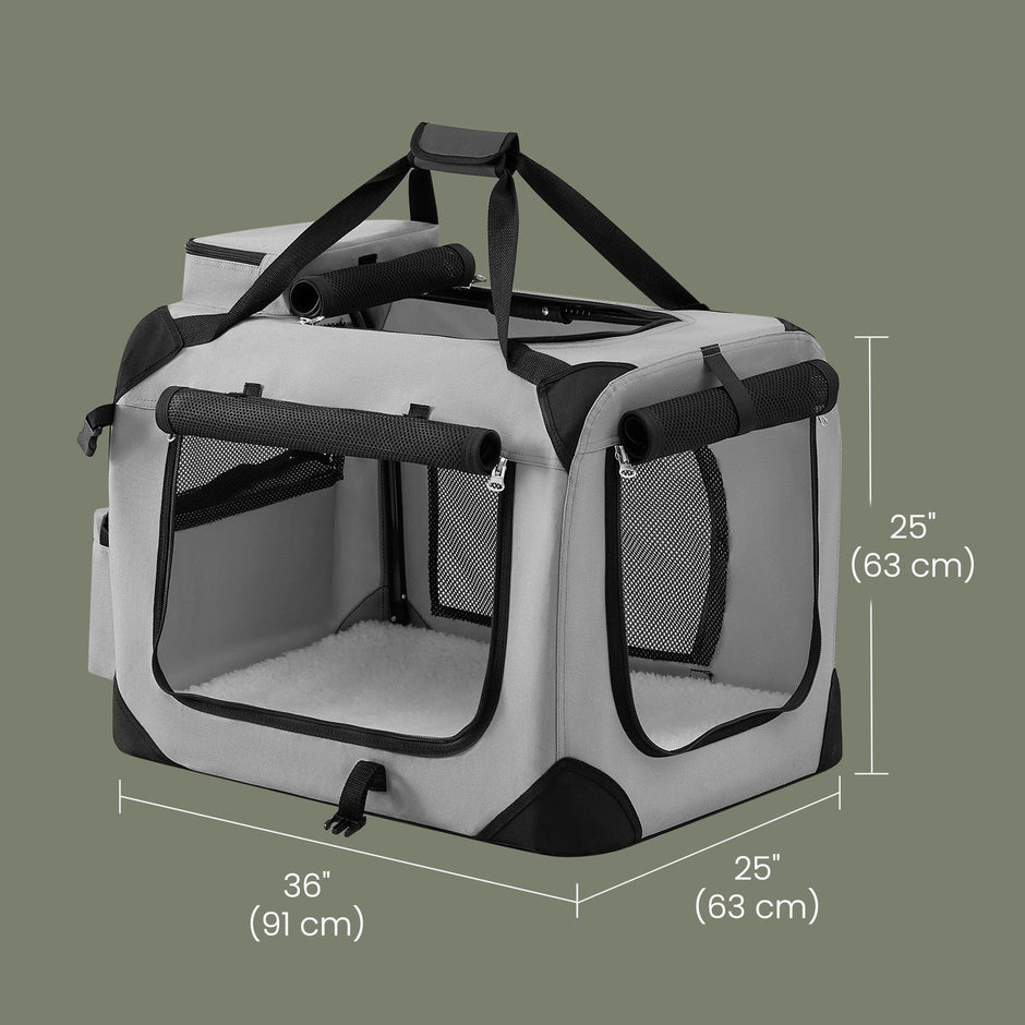 Collapsible Dog Crate – Soft Fabric – Grey – Portable with Breathable Mesh and Storage Pockets