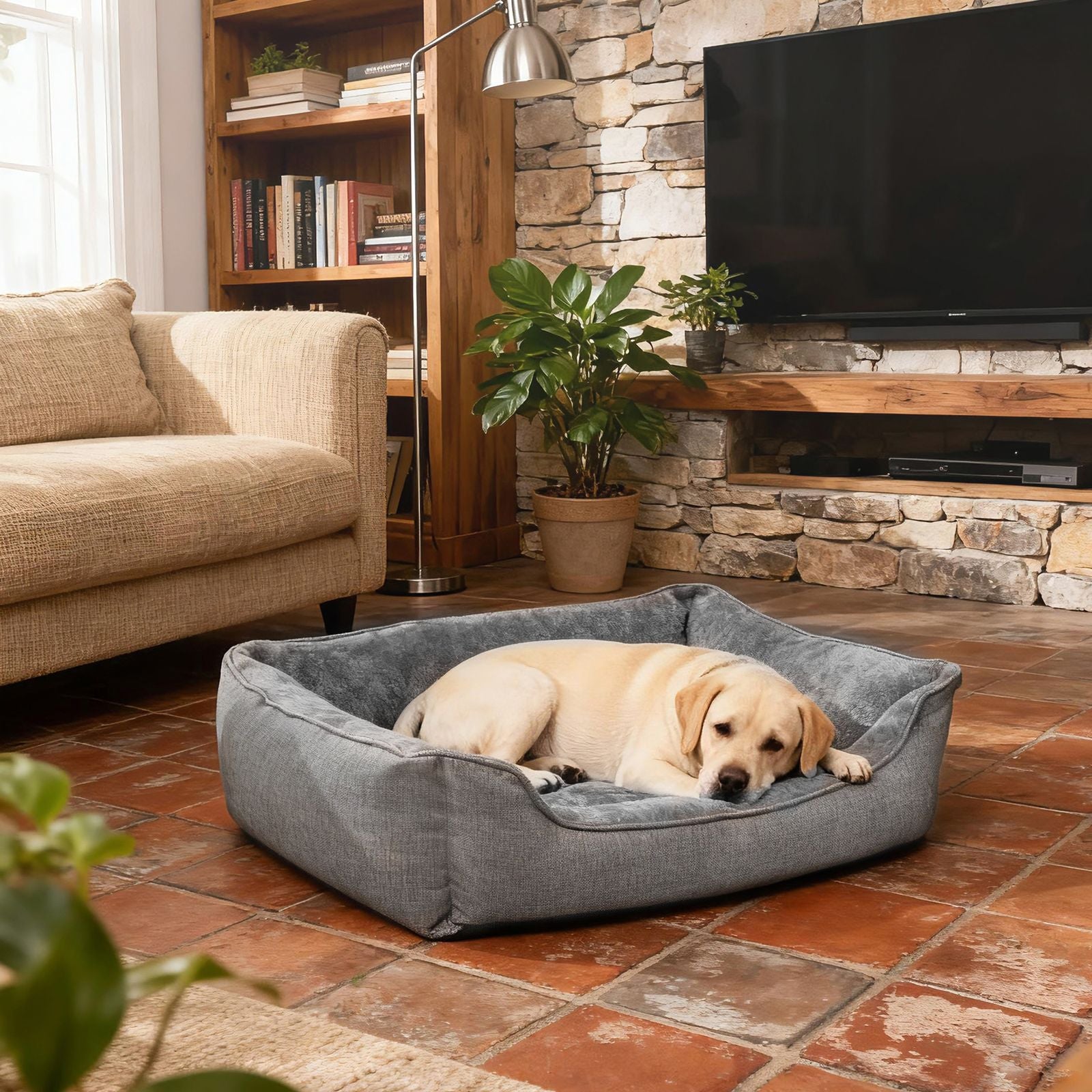 Dog Bed – Linen-Look – Light Grey – Easy to Clean with Raised Edges