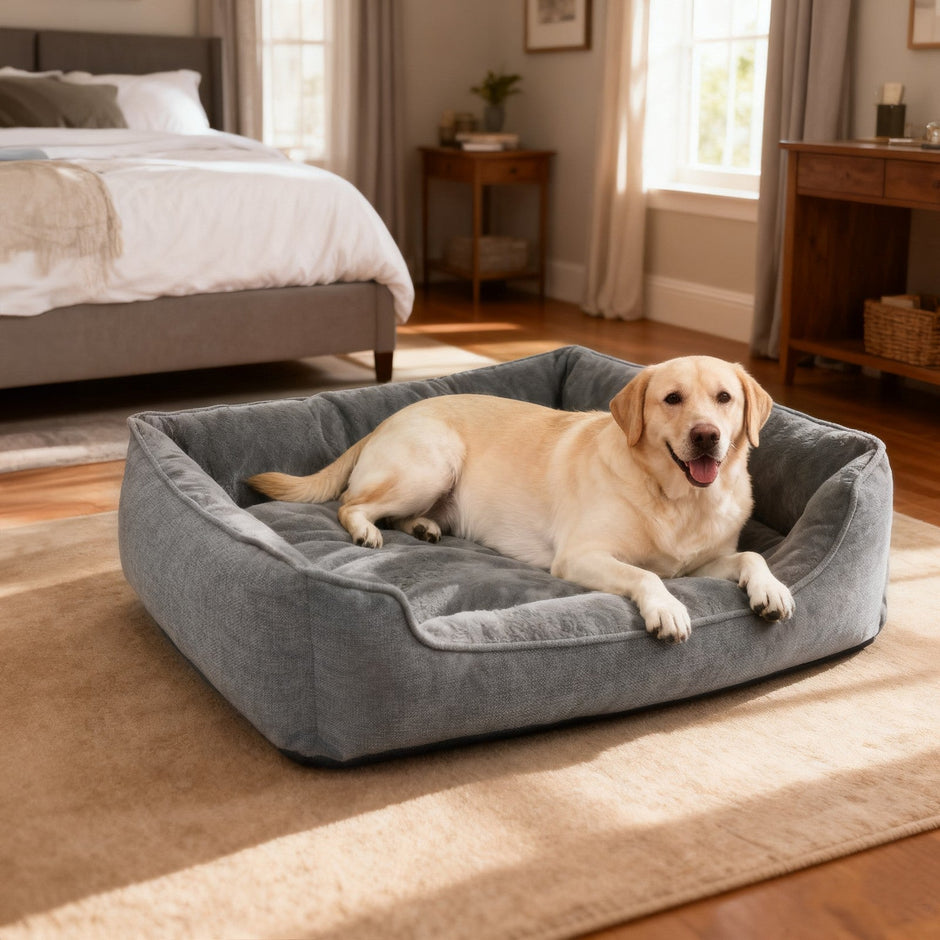 Dog Bed – Linen-Look – Light Grey – Easy to Clean with Raised Edges