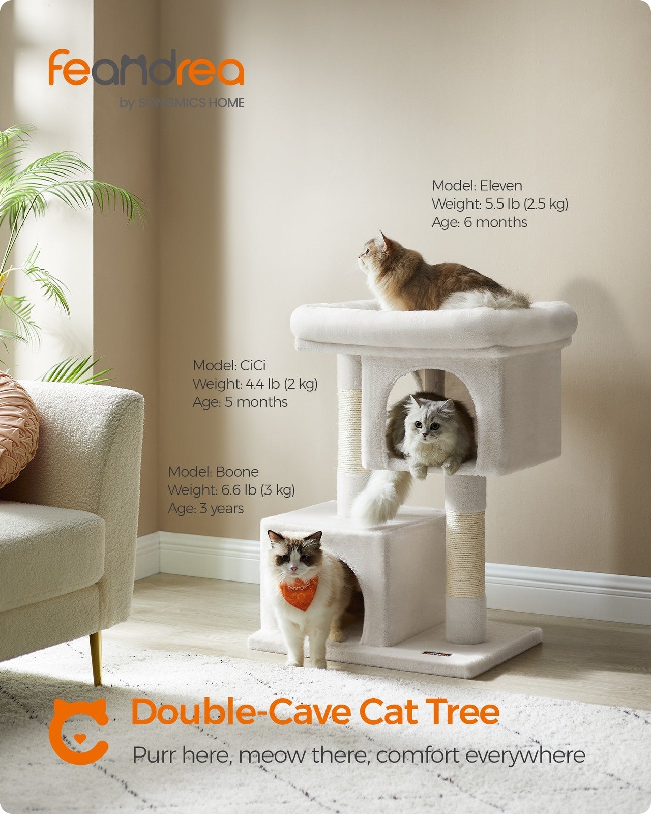 Cat Tree – Engineered Wood – Cream White – Features Scratching Posts and Cat Caves