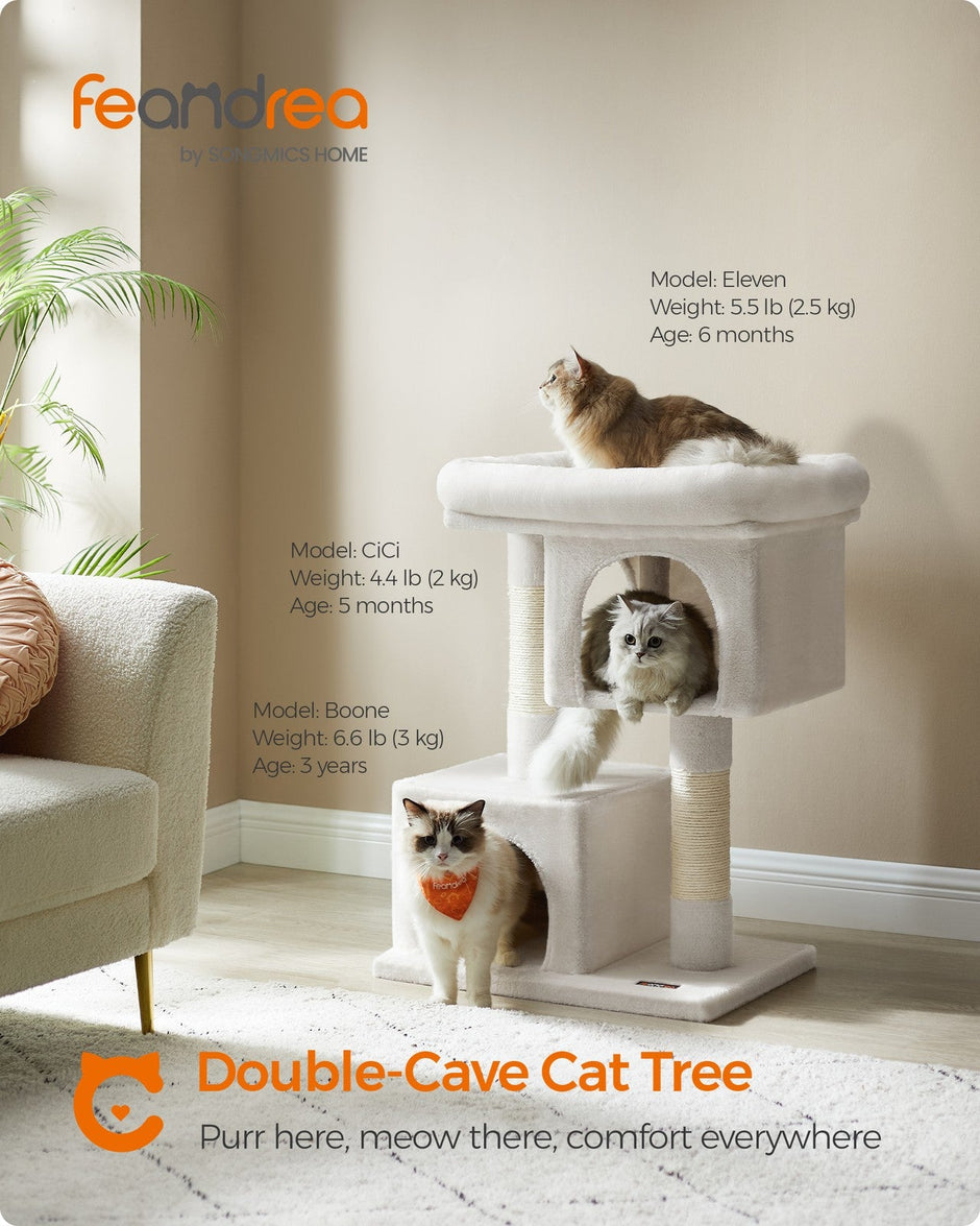 Cat Tree – Engineered Wood – Cream White – Features Scratching Posts and Cat Caves