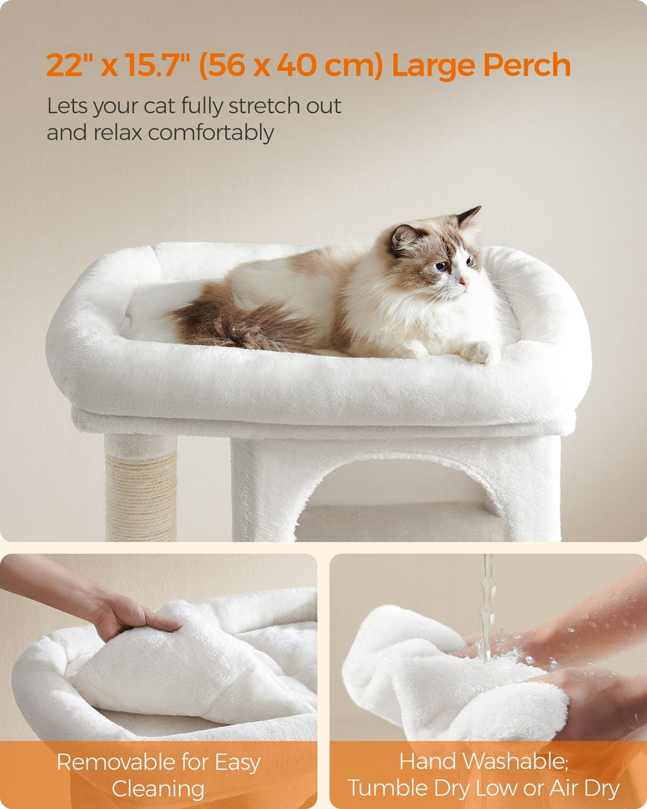 Cat Tree – Engineered Wood – Cream White – Features Scratching Posts and Cat Caves