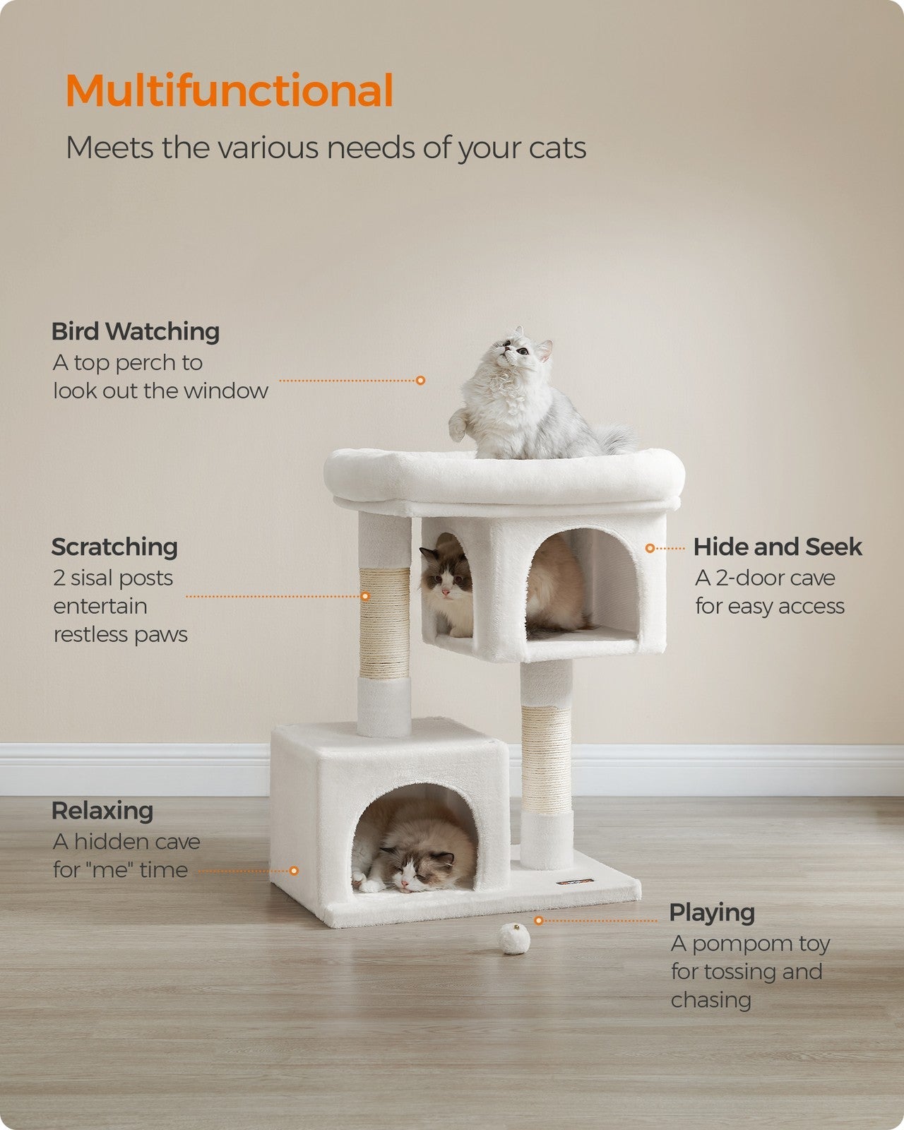 Cat Tree – Engineered Wood – Cream White – Features Scratching Posts and Cat Caves