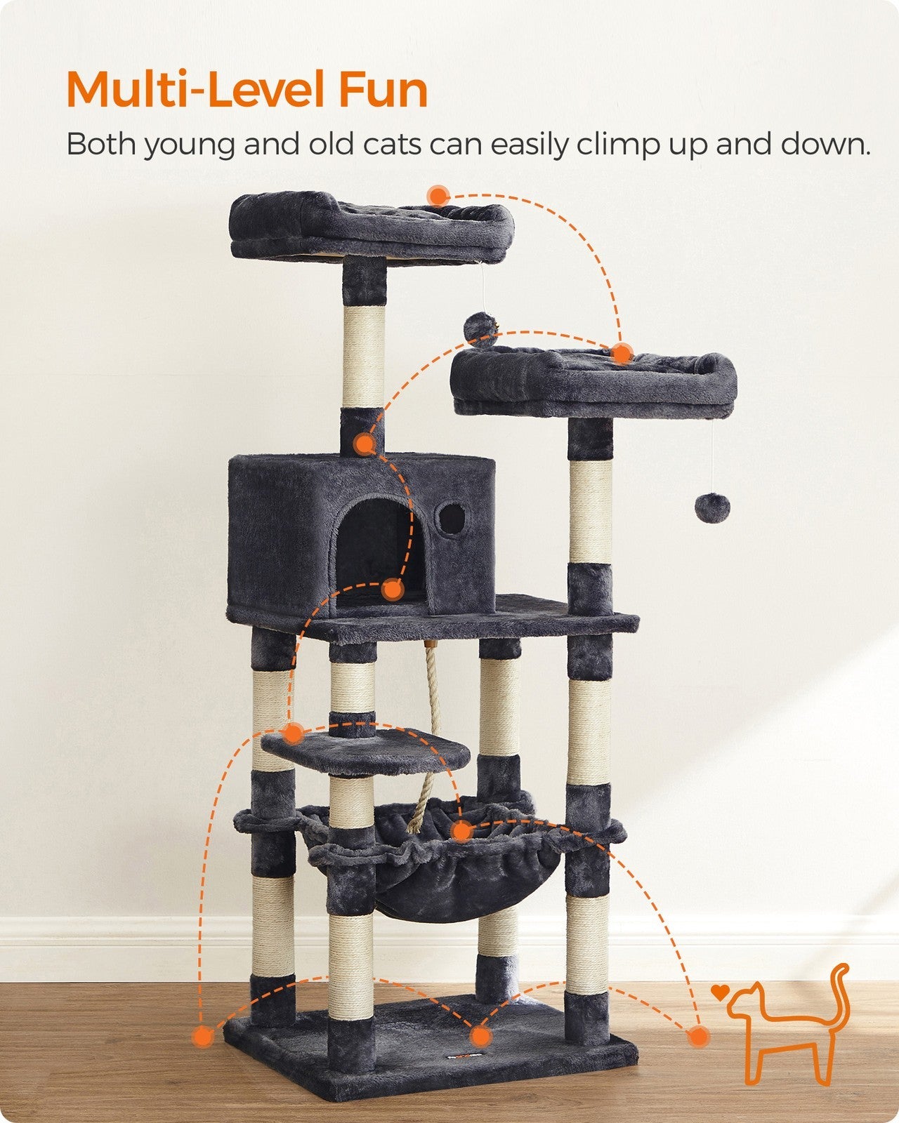Cat Tree – Engineered Wood – Light Grey – Stable Design with Cat Cave