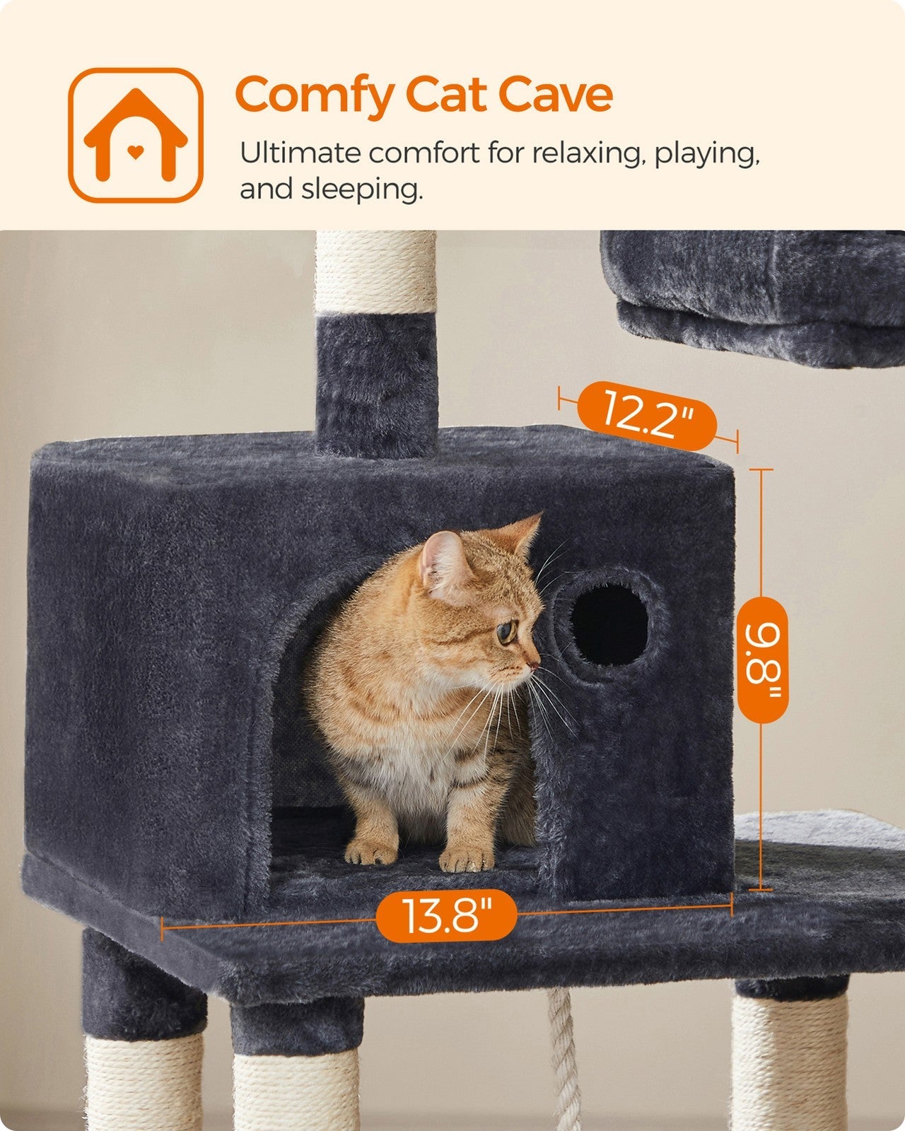 Cat Tree – Engineered Wood – Light Grey – Stable Design with Cat Cave