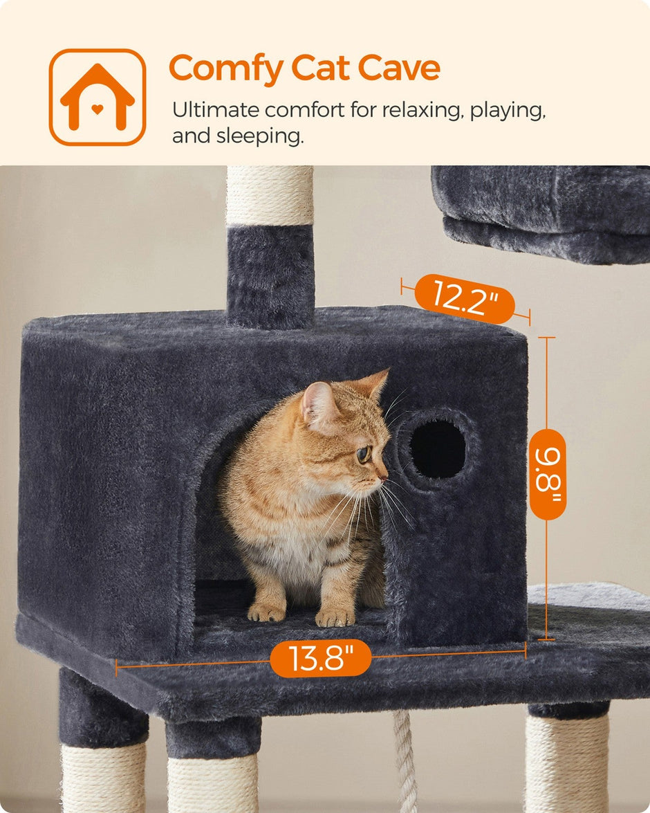 Cat Tree – Engineered Wood – Light Grey – Stable Design with Cat Cave