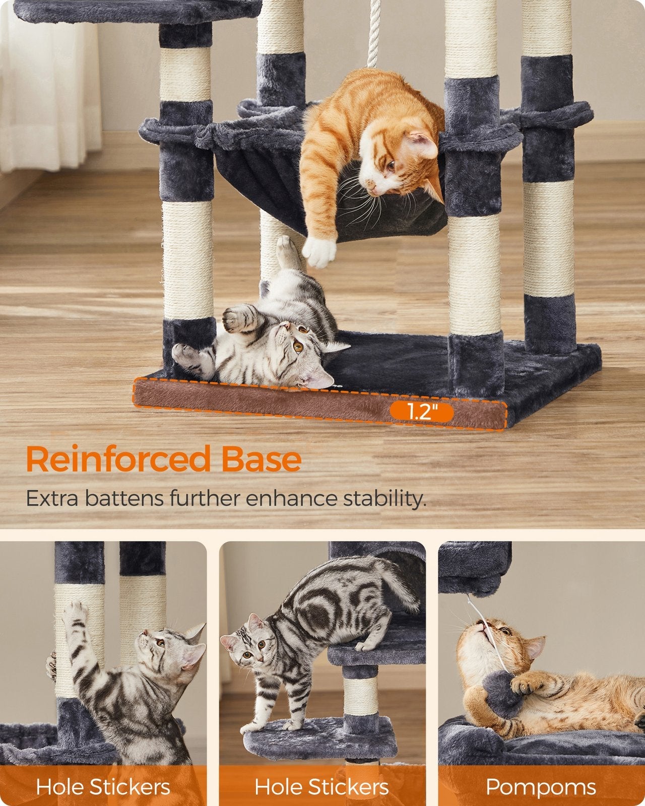 Cat Tree – Engineered Wood – Light Grey – Stable Design with Cat Cave