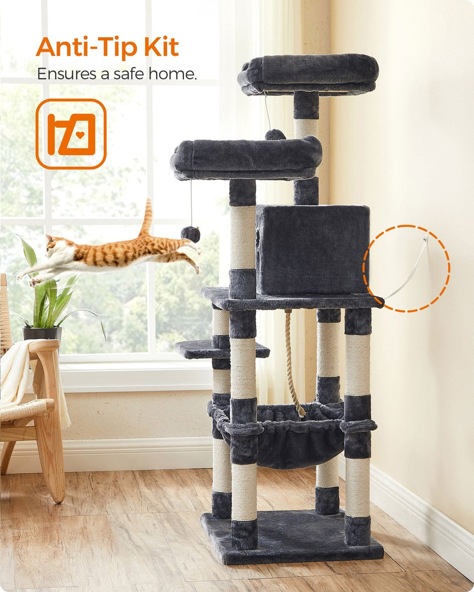 Cat Tree – Engineered Wood – Light Grey – Stable Design with Cat Cave