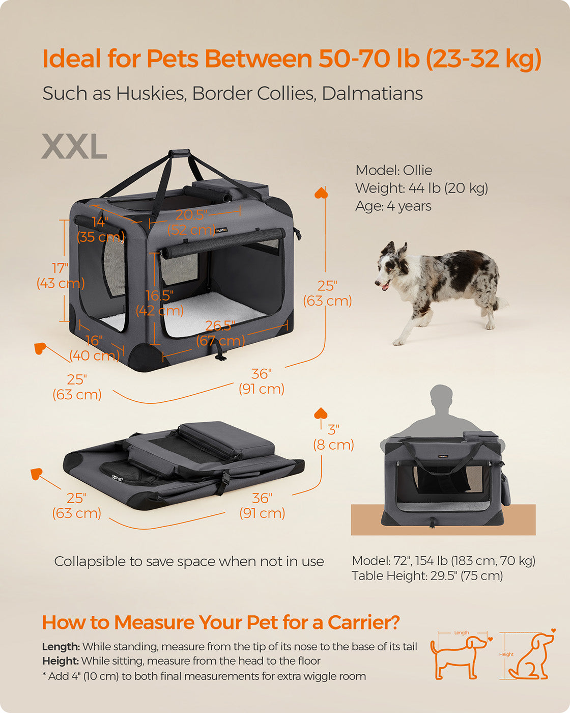 Foldable Pet Carrier – Fabric – Grey – Portable with Breathable Mesh and Storage Pockets, 91 x 63 x 63 cm