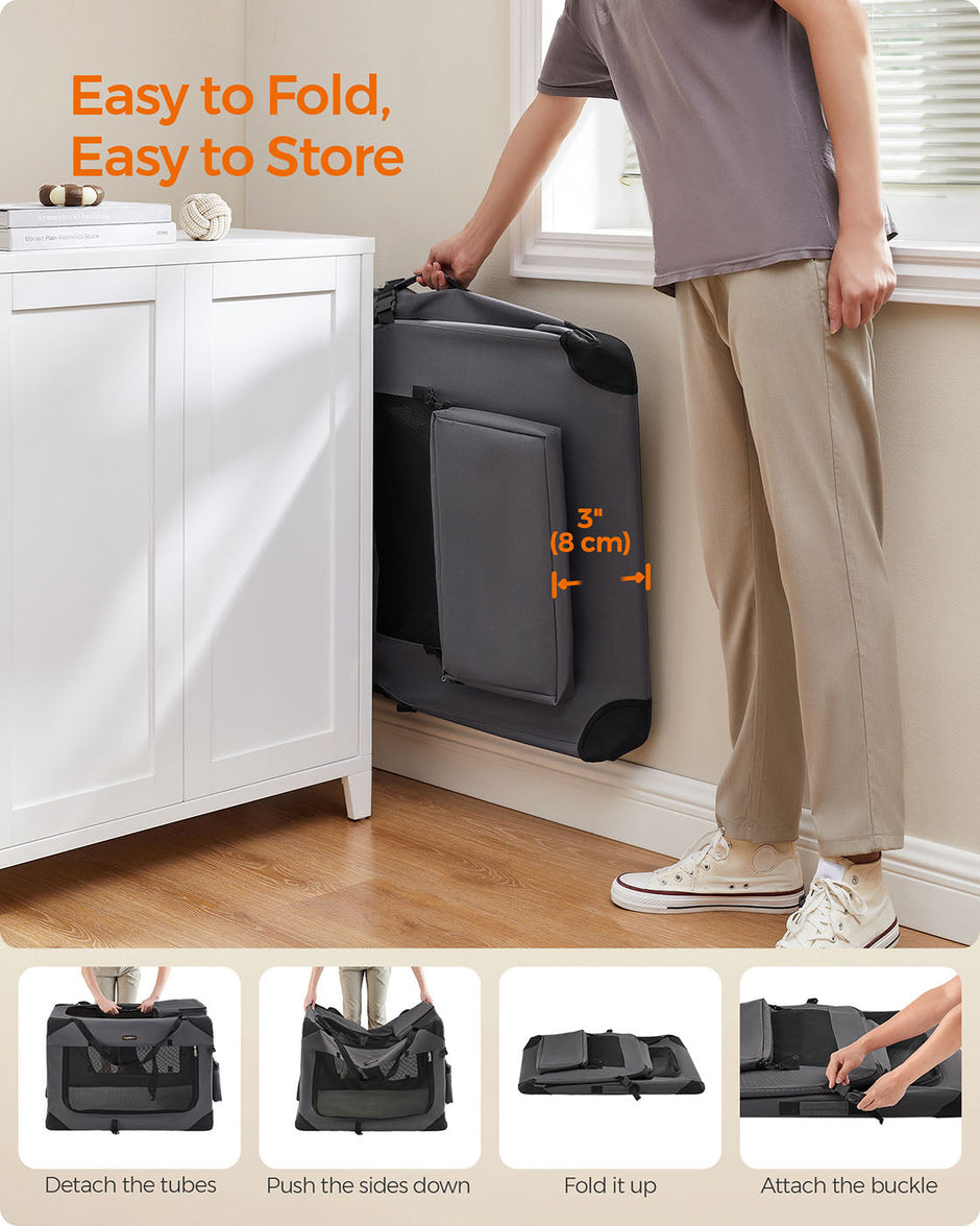 Foldable Pet Carrier – Fabric – Grey – Portable with Breathable Mesh and Storage Pockets, 91 x 63 x 63 cm