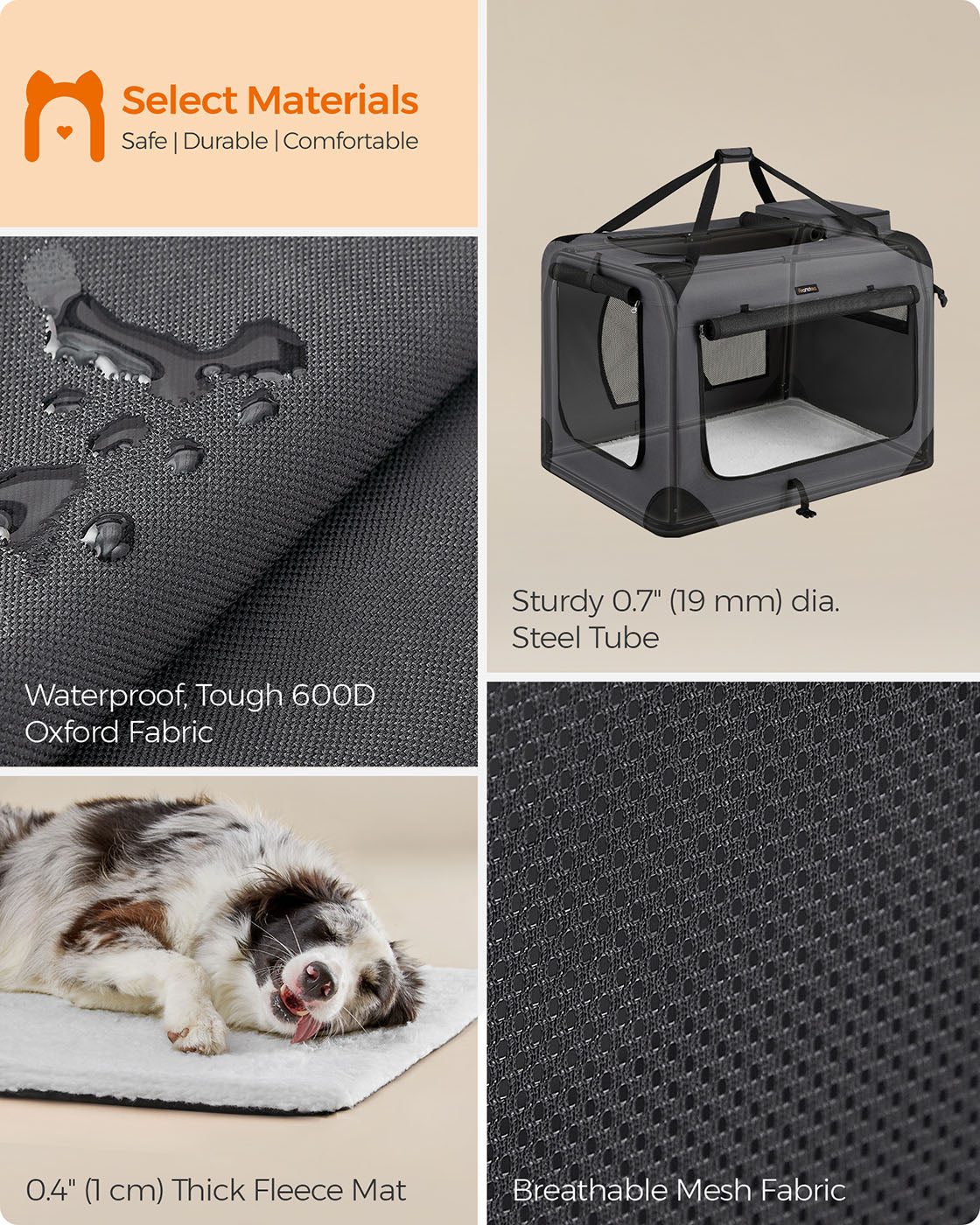 Foldable Pet Carrier – Fabric – Grey – Portable with Breathable Mesh and Storage Pockets, 91 x 63 x 63 cm
