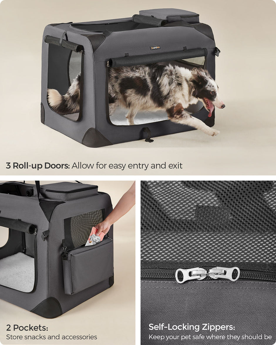 Foldable Pet Carrier – Fabric – Grey – Portable with Breathable Mesh and Storage Pockets, 91 x 63 x 63 cm