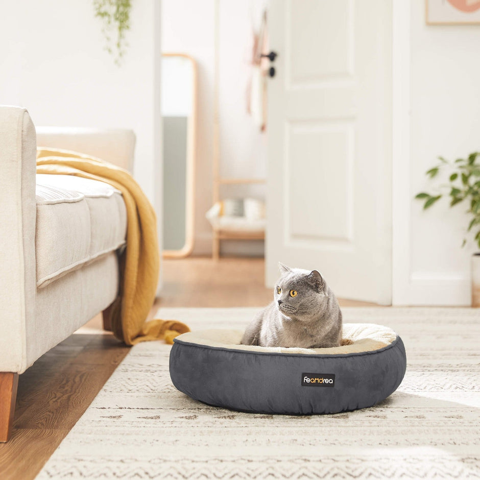Round Dog Bed – Fabric – Dark Grey – Washable Cover, 50 cm Diameter