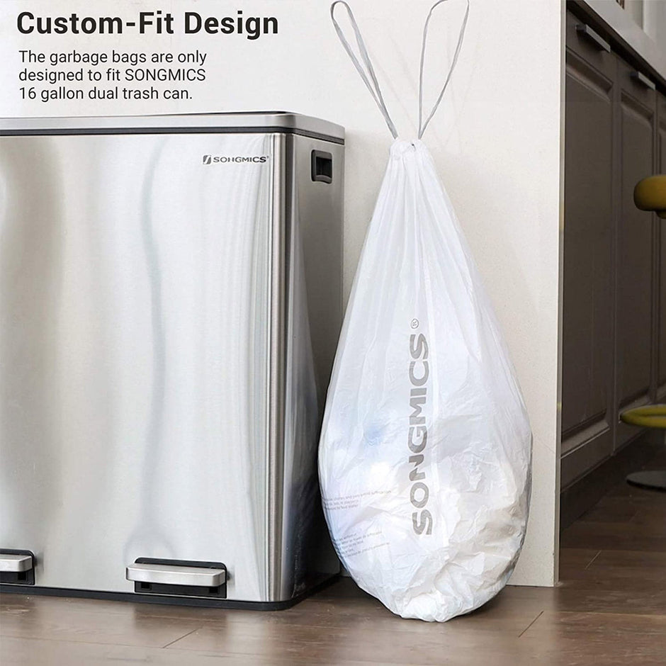 Drawstring Bin Liners – Durable Plastic – White – 30L Capacity – 90 Pieces in 2 Rolls
