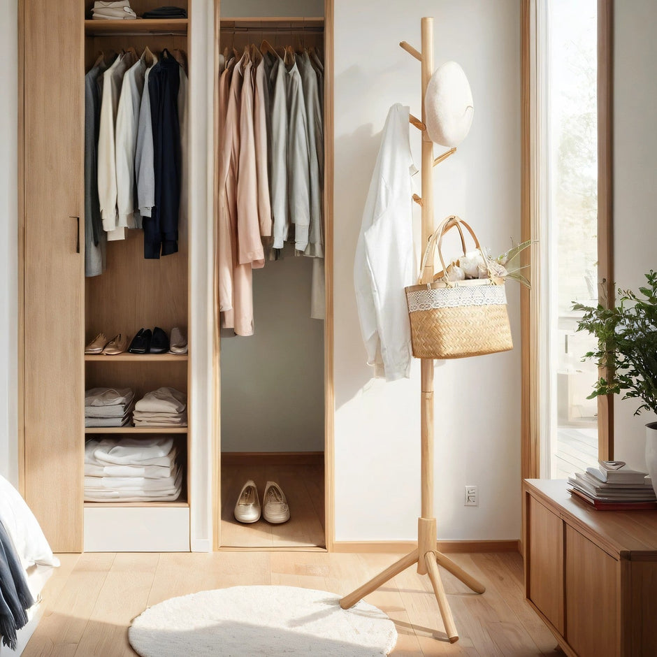Standing Coat Rack – Solid Wood – White – Tree-Shaped with 8 Hooks and Adjustable Height Options