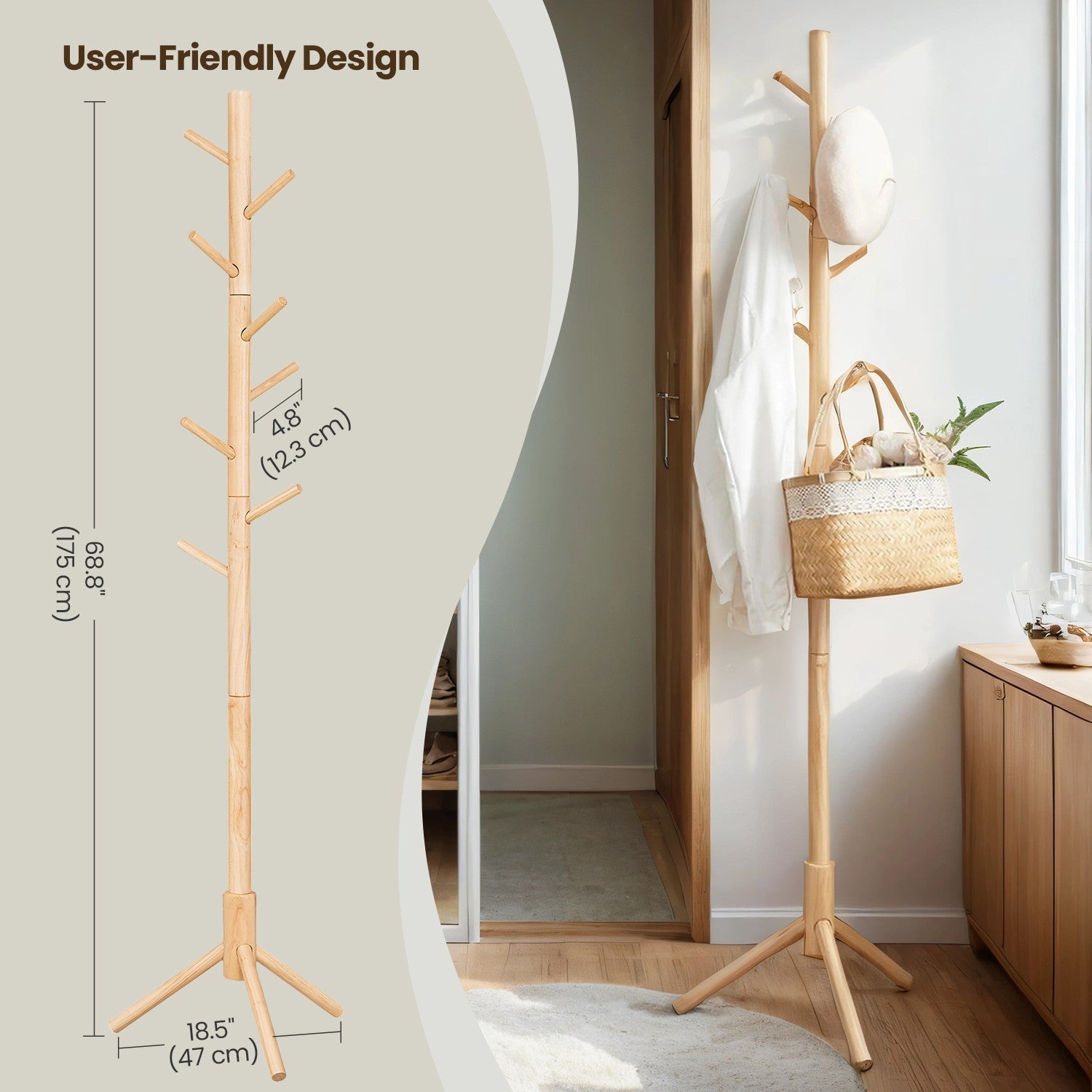 Standing Coat Rack – Solid Wood – White – Tree-Shaped with 8 Hooks and Adjustable Height Options