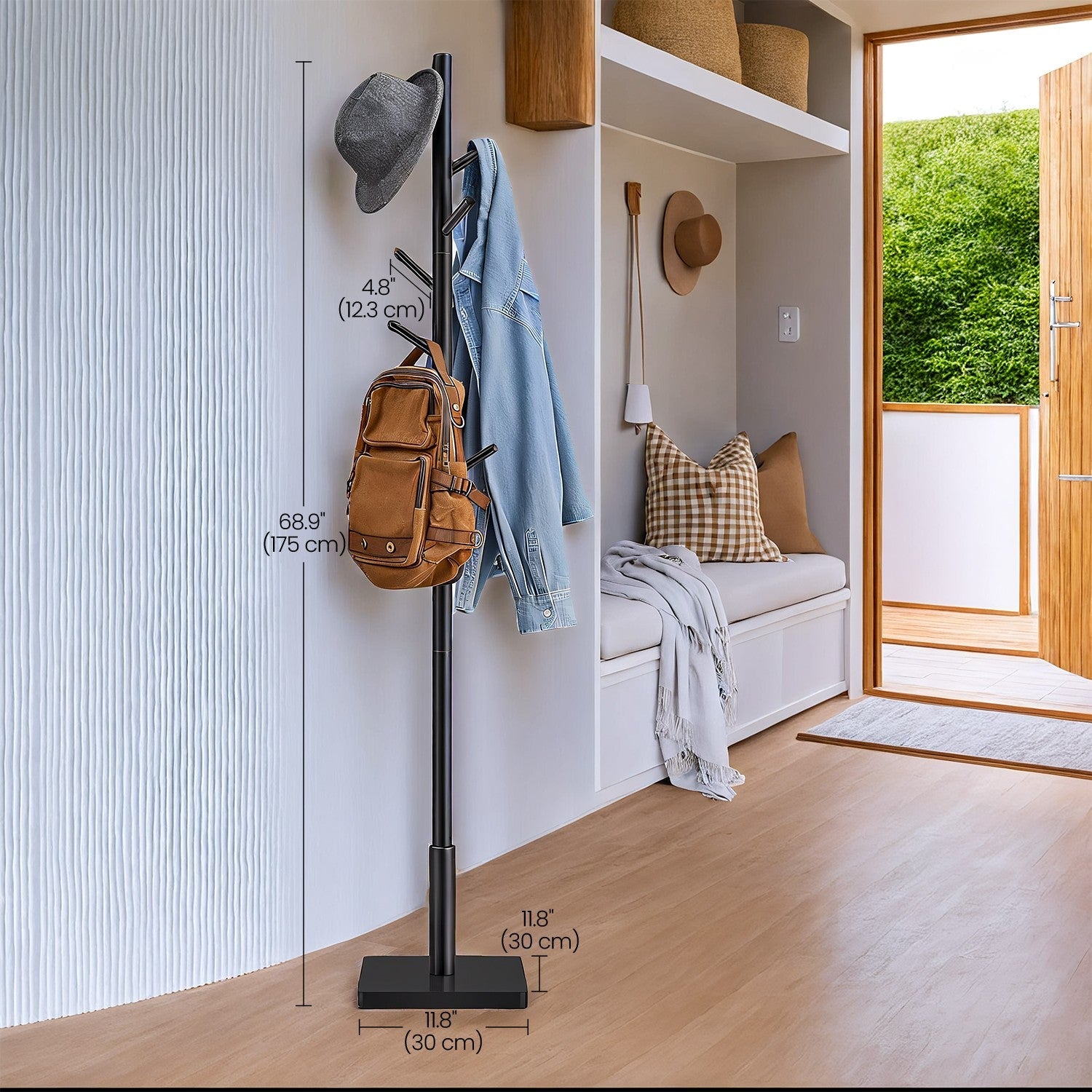 Coat Rack – Solid Wood – Natural Beige – Free Standing with 8 Hooks and Adjustable Height Options