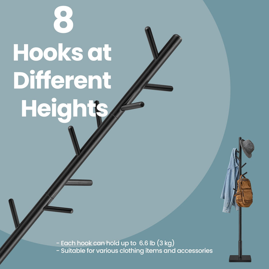 Coat Rack – Solid Wood – Natural Beige – Free Standing with 8 Hooks and Adjustable Height Options
