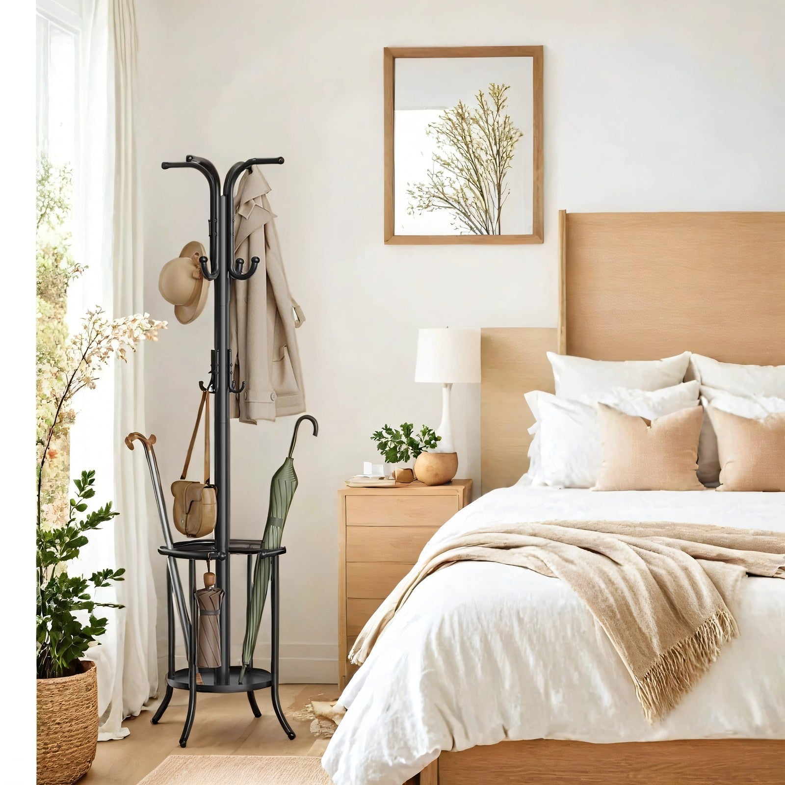 Freestanding Coat Rack – Metal – Black – 12 Hooks with Umbrella Holder