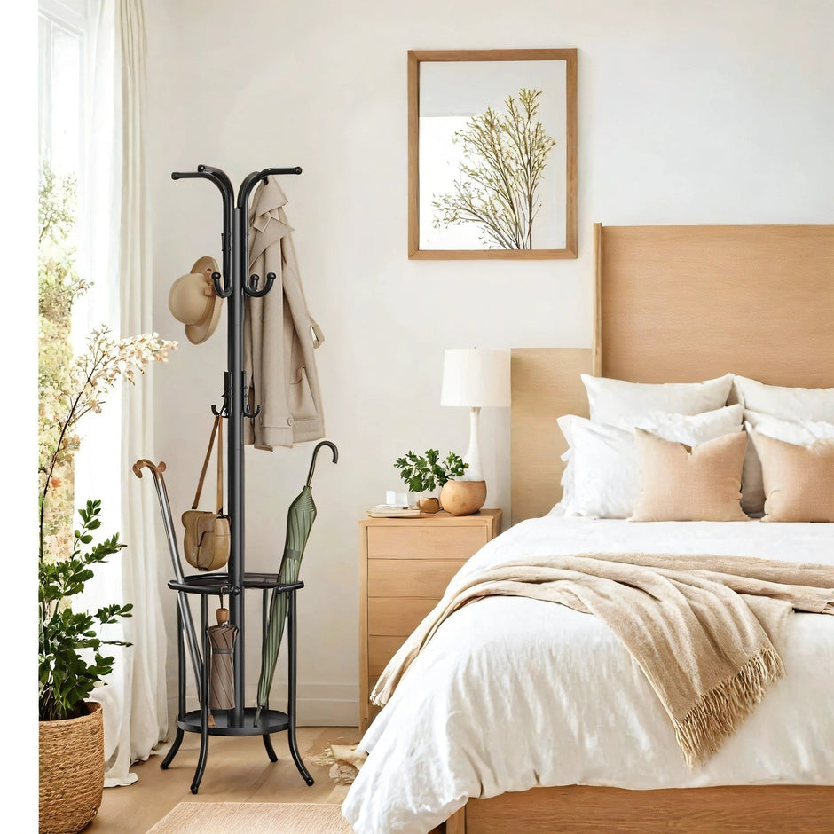 Freestanding Coat Rack – Metal – Black – 12 Hooks with Umbrella Holder