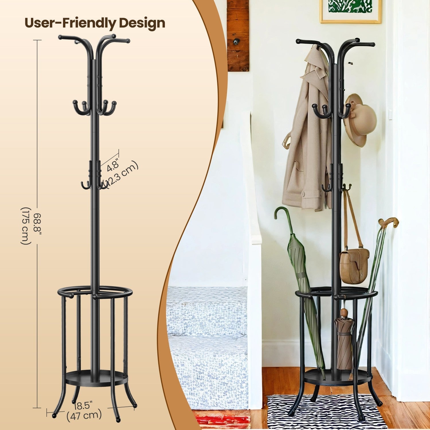 Freestanding Coat Rack – Metal – Black – 12 Hooks with Umbrella Holder