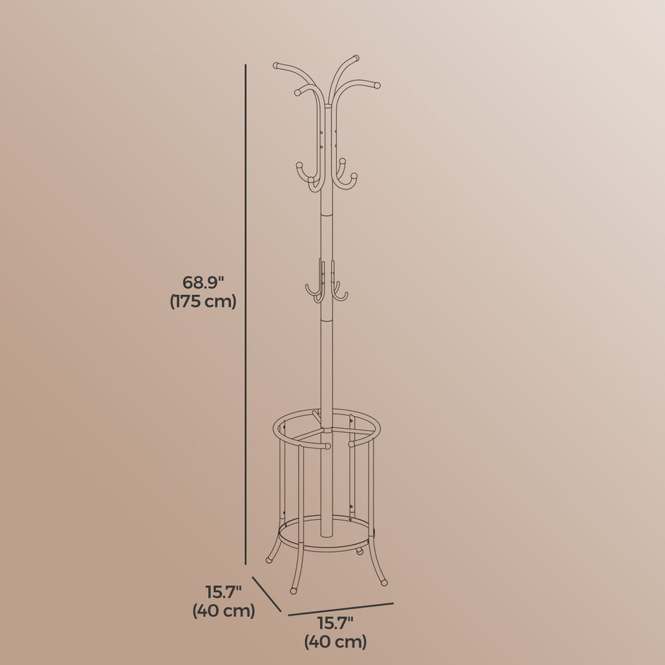 Freestanding Coat Rack – Metal – Black – 12 Hooks with Umbrella Holder