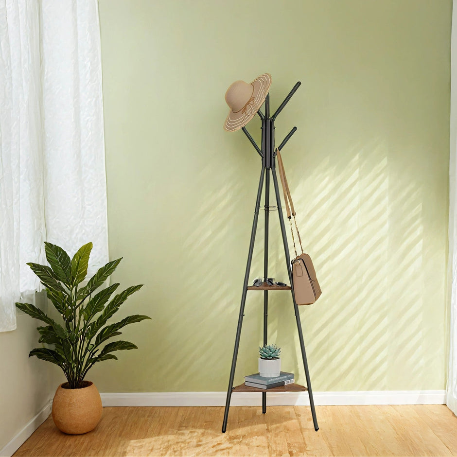 Freestanding Coat Rack – Wood and Metal – Greige and Black – Industrial Style with 2 Shelves