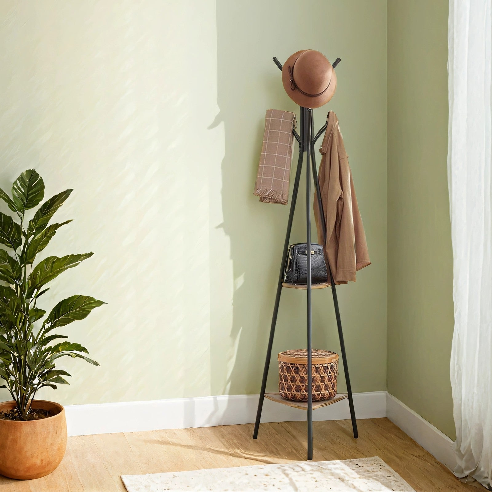 Freestanding Coat Rack – Wood and Metal – Greige and Black – Industrial Style with 2 Shelves