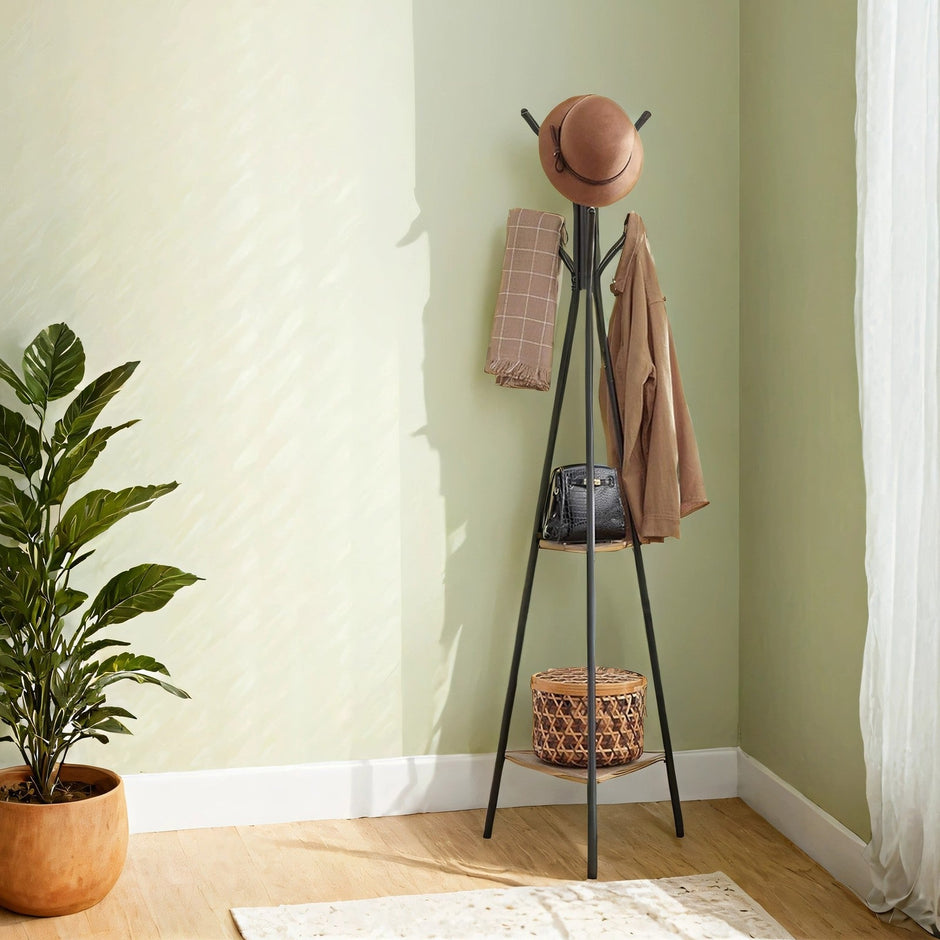 Freestanding Coat Rack – Wood and Metal – Greige and Black – Industrial Style with 2 Shelves