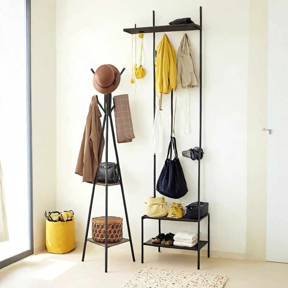 Freestanding Coat Rack – Wood and Metal – Greige and Black – Industrial Style with 2 Shelves