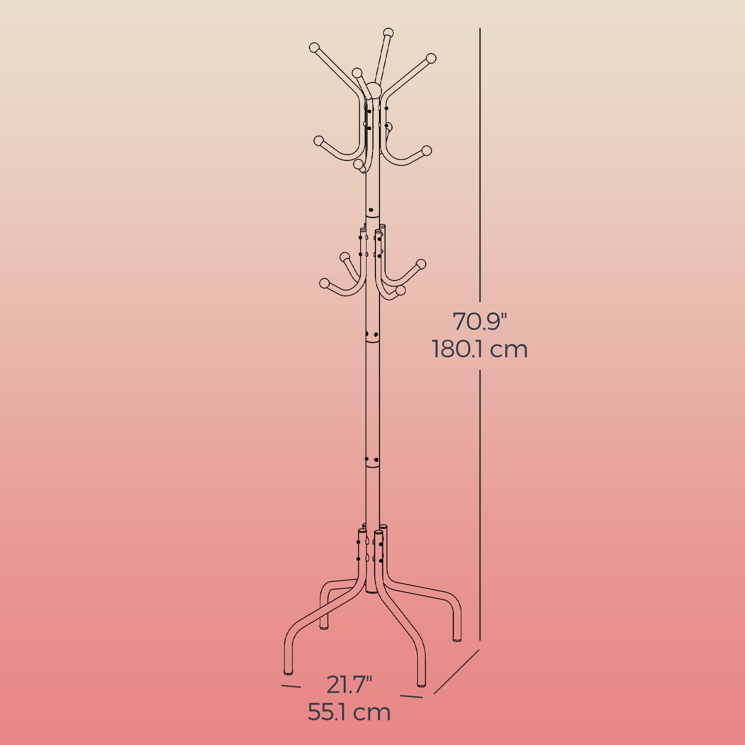 Coat Stand – Metal – Black – 12 Hooks, 4 Legs