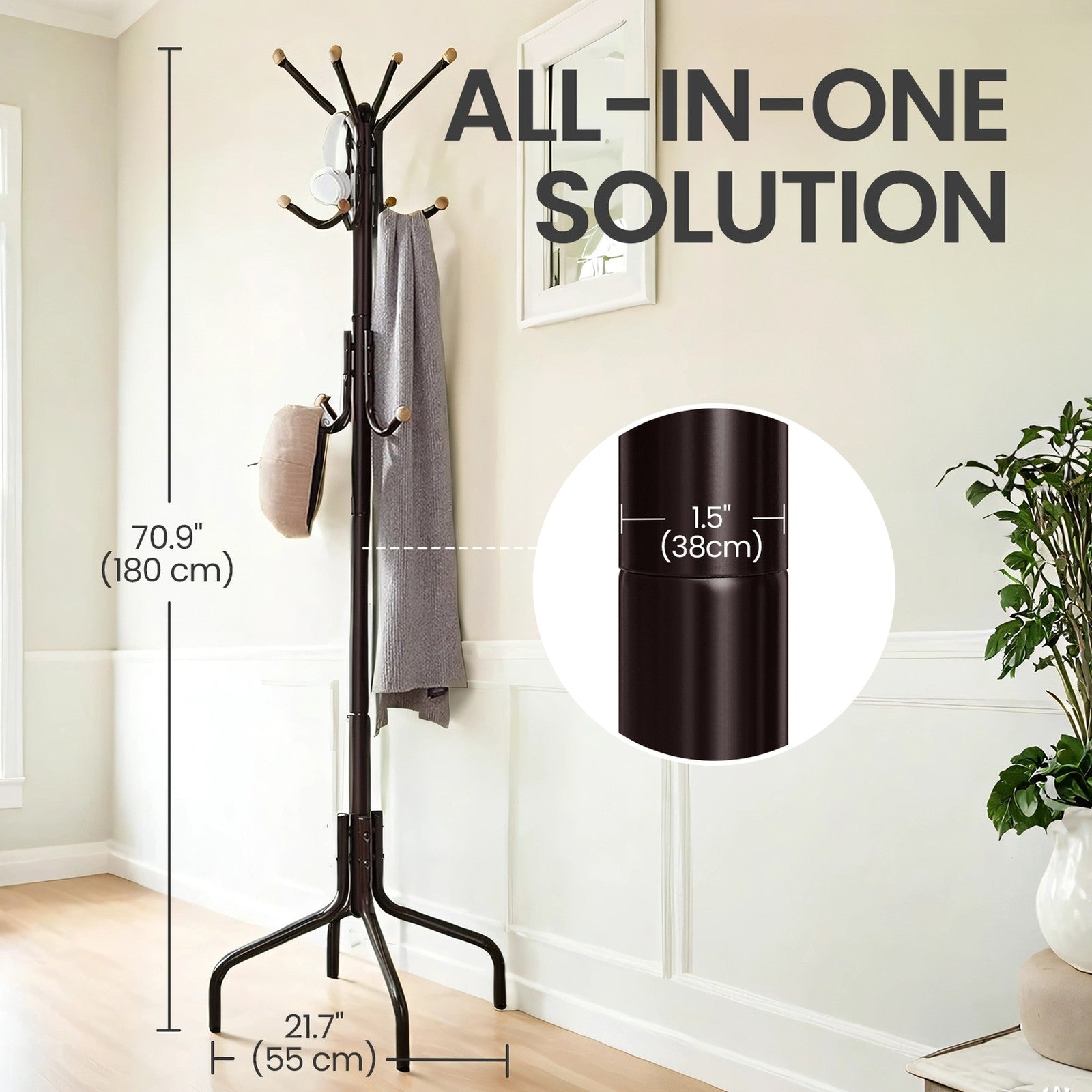 Coat Stand – Metal – Black – 12 Hooks, 4 Legs