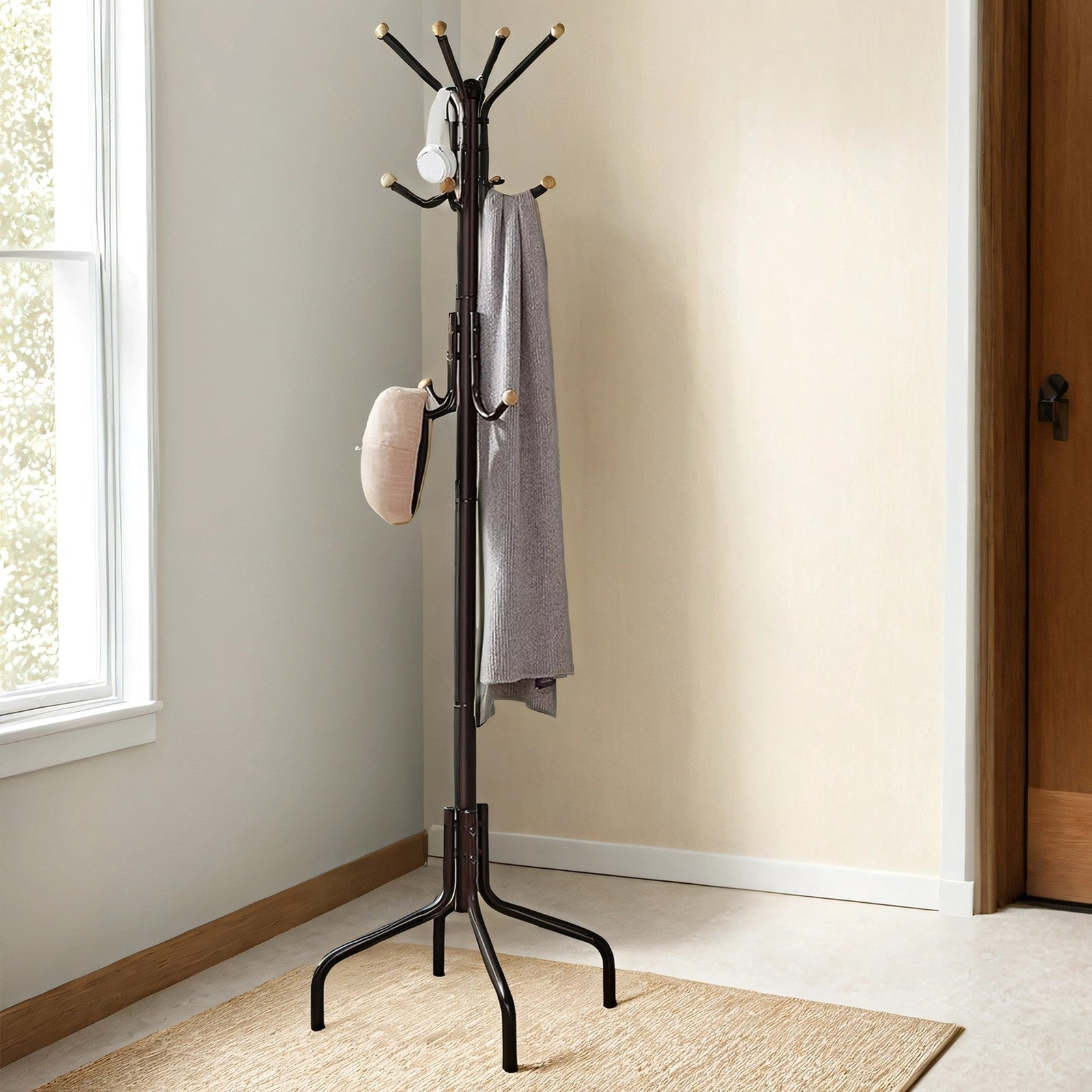 Coat Stand – Metal – Black – 12 Hooks, 4 Legs