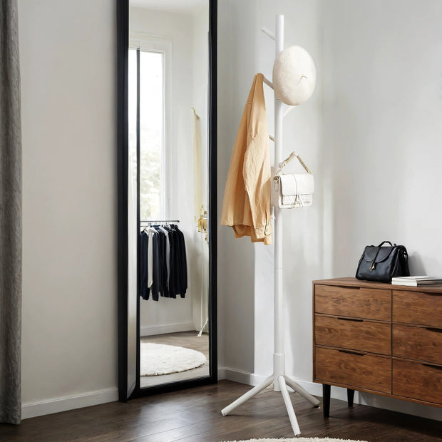 Standing Coat Rack – Solid Wood – White – Tree-Shaped with 8 Hooks and Adjustable Height Options