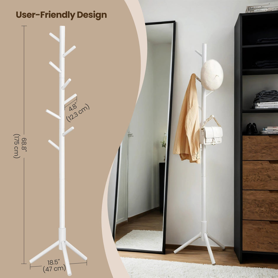 Standing Coat Rack – Solid Wood – White – Tree-Shaped with 8 Hooks and Adjustable Height Options